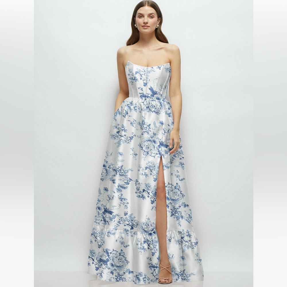 new Dessy Collection strapless corset cat eye bodice gown in cottage rose floral